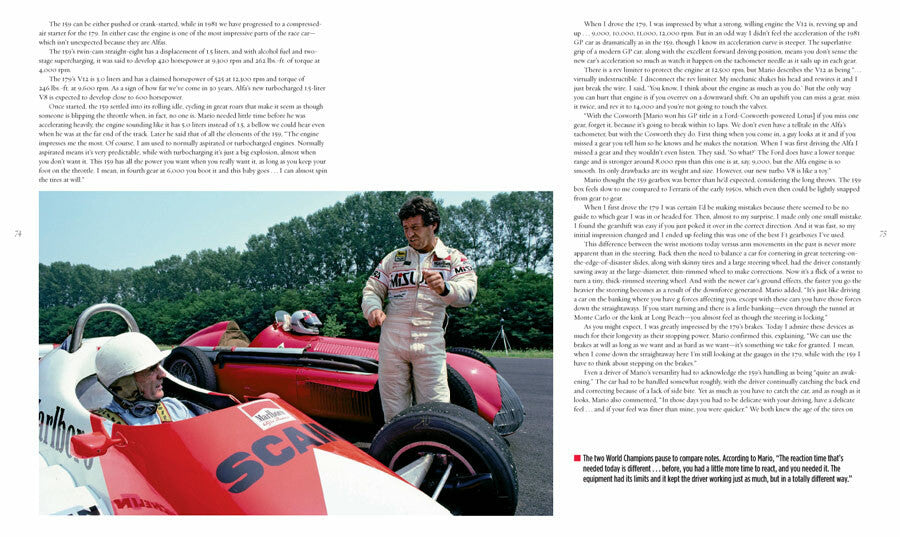 Automotive history book spread with red race car and driver in cover photo