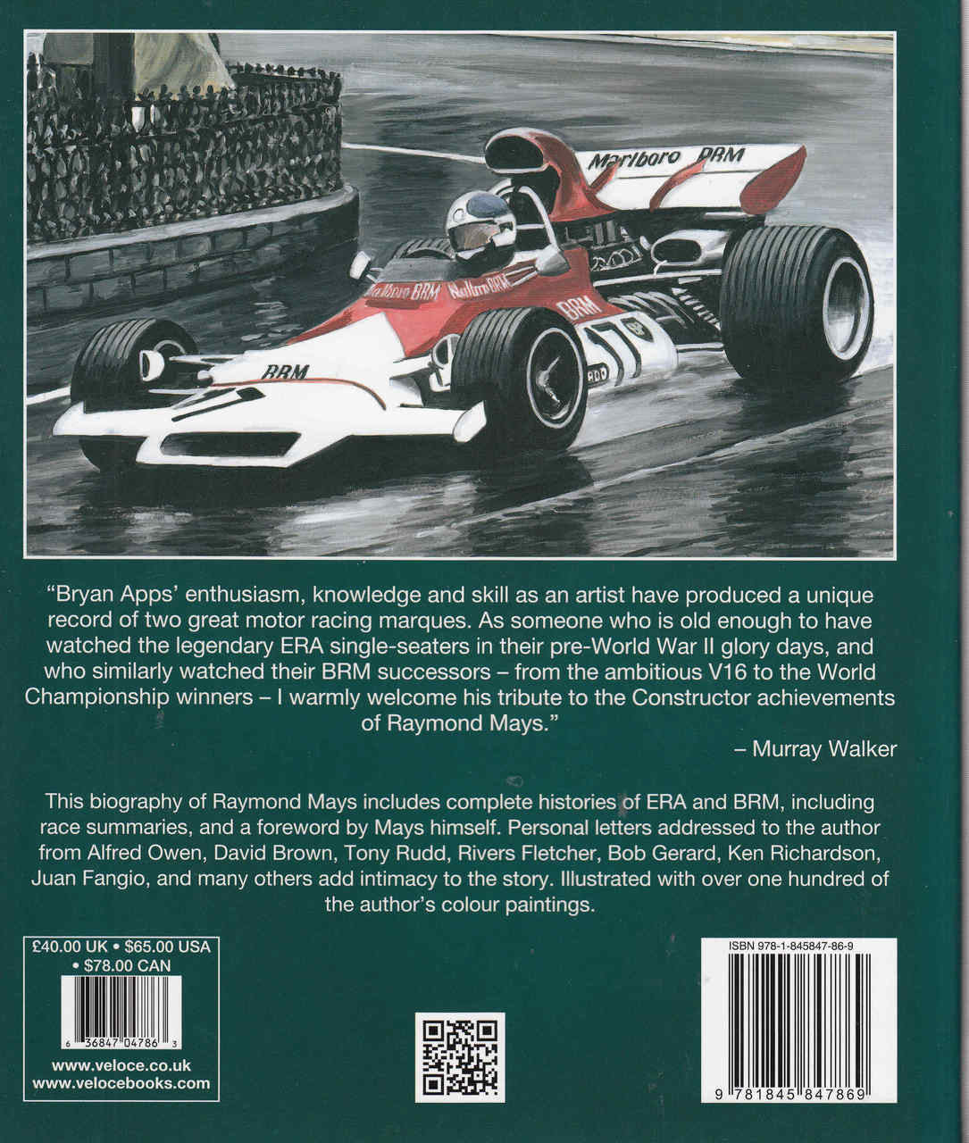 Motorsport hardcover book with vintage race car artwork on back cover, QR code and barcode