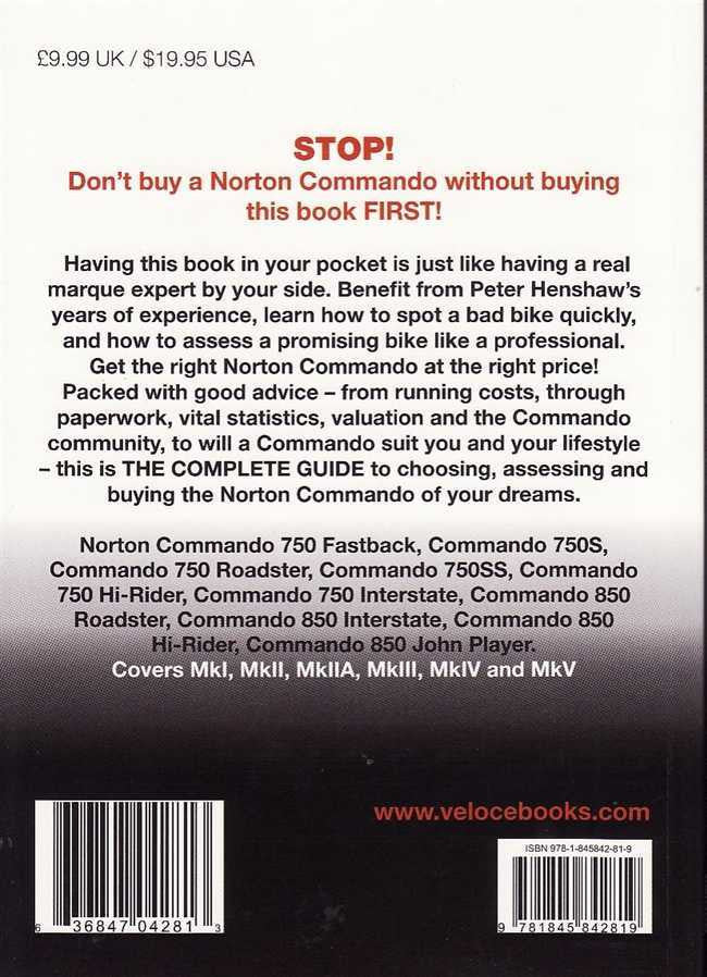 Motorcycle guide book back cover with STOP message and barcodes, velocebooks.com URL
