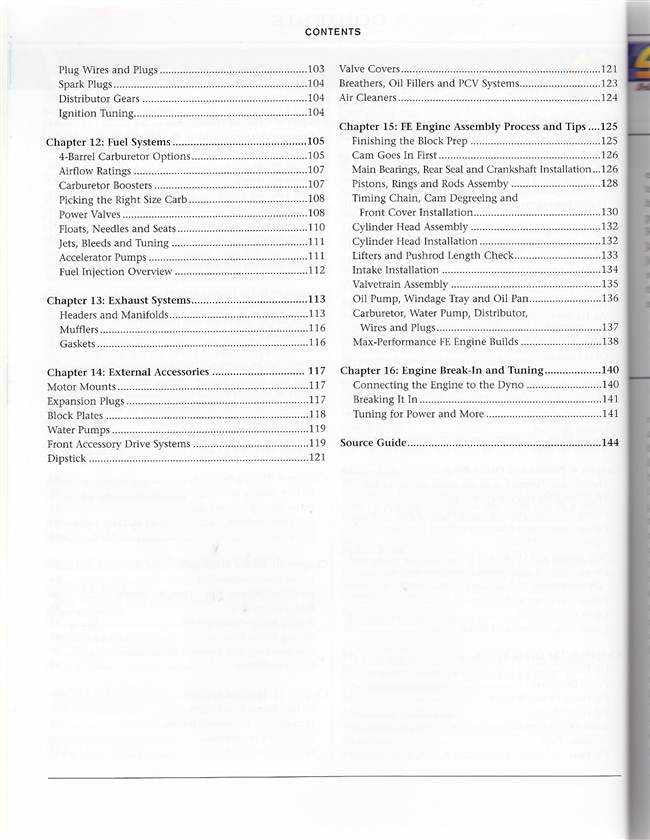 Performance engine manual contents page, continued chapter index