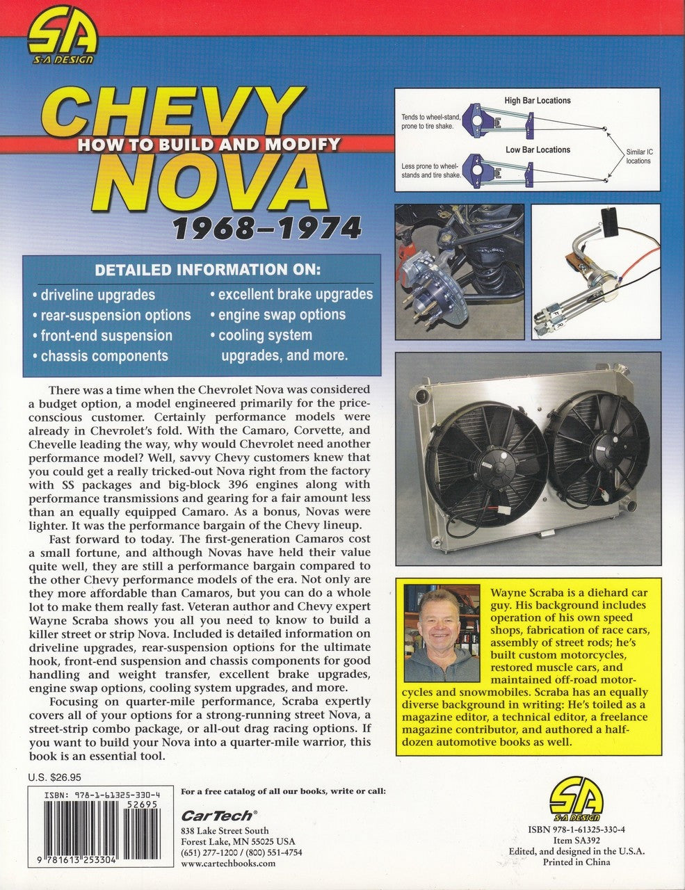 Chevy Nova 1968–1974 how-to book back cover, specs bullets and fan diagram