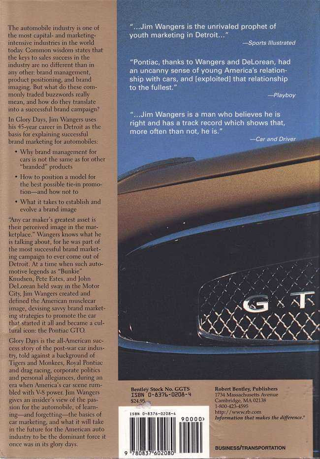 Book back cover with vintage car photo and feature text blocks