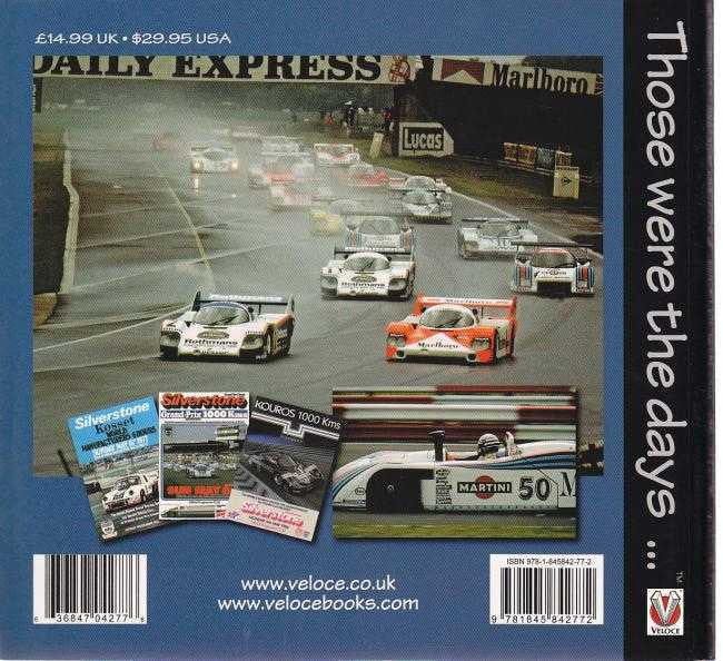 Motorsport book back cover with race car photo collage and pricing text