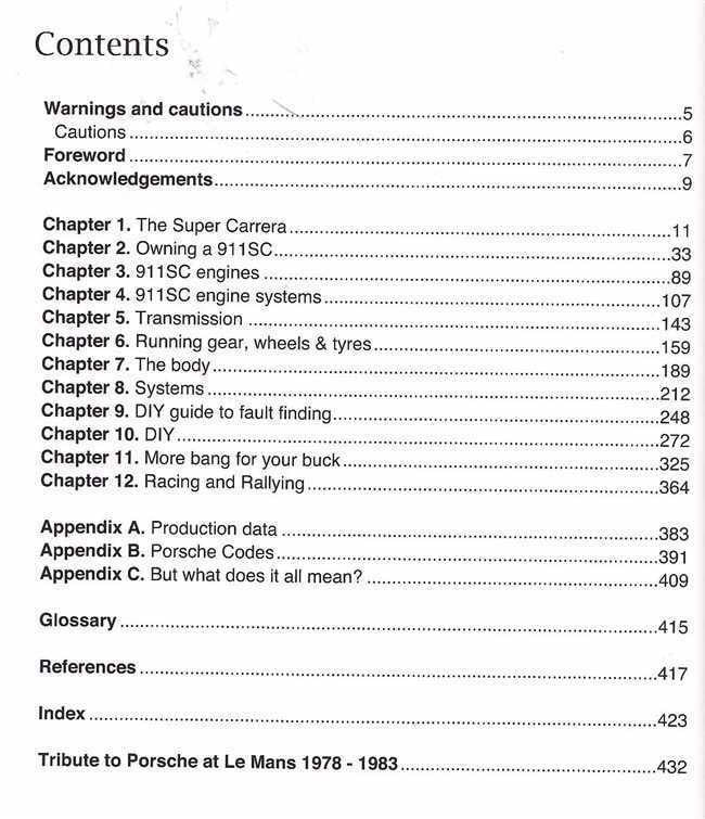 Book contents page with numbered chapters and index