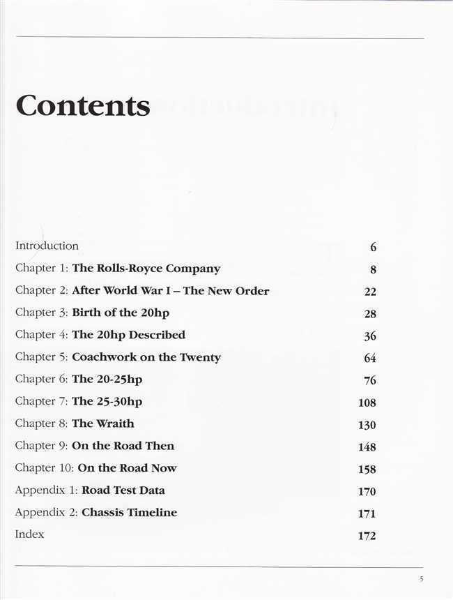 Automotive history book contents page with chapter list and page numbers