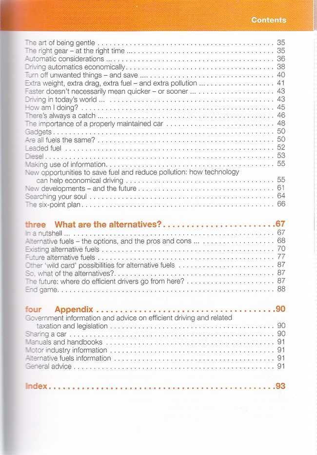 Driving efficiency handbook, contents page listing chapters and appendix with index