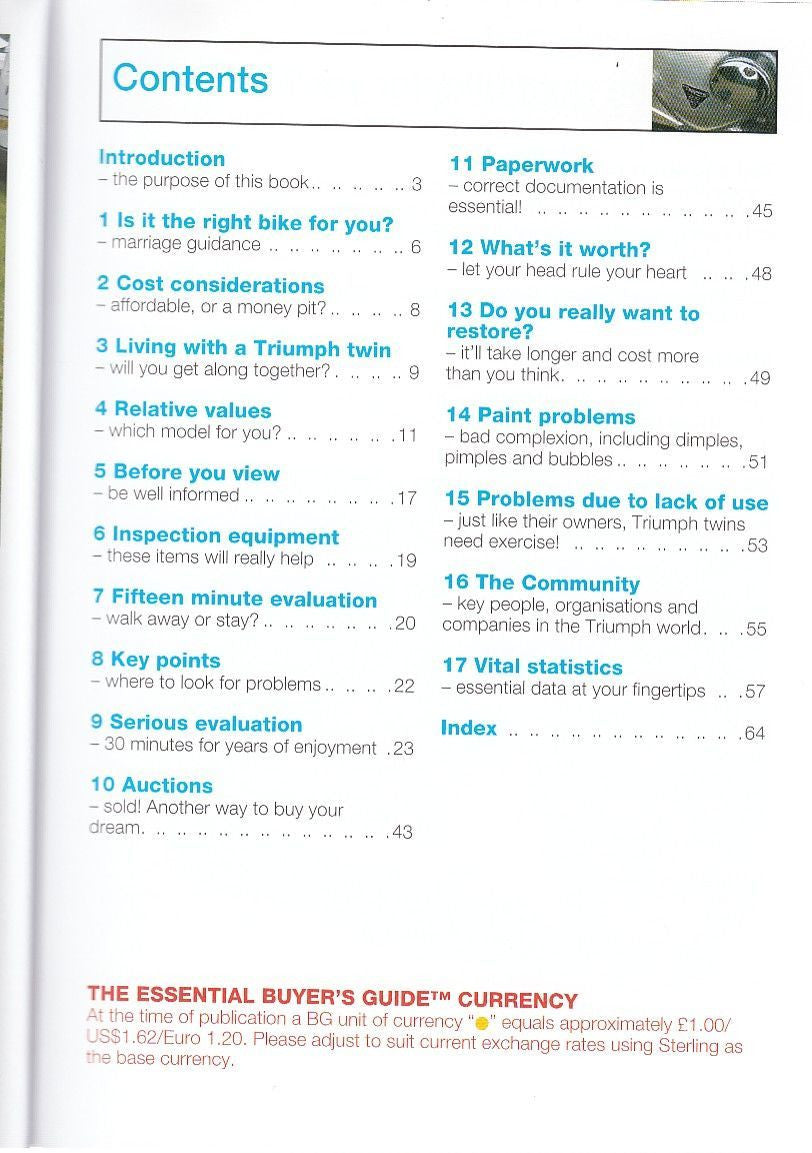 Motorcycle buyers guide book, contents page with numbered sections and index