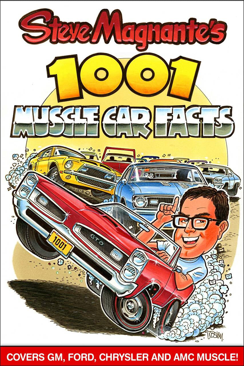 1001 Muscle Car Facts book front cover with illustrated muscle cars and title