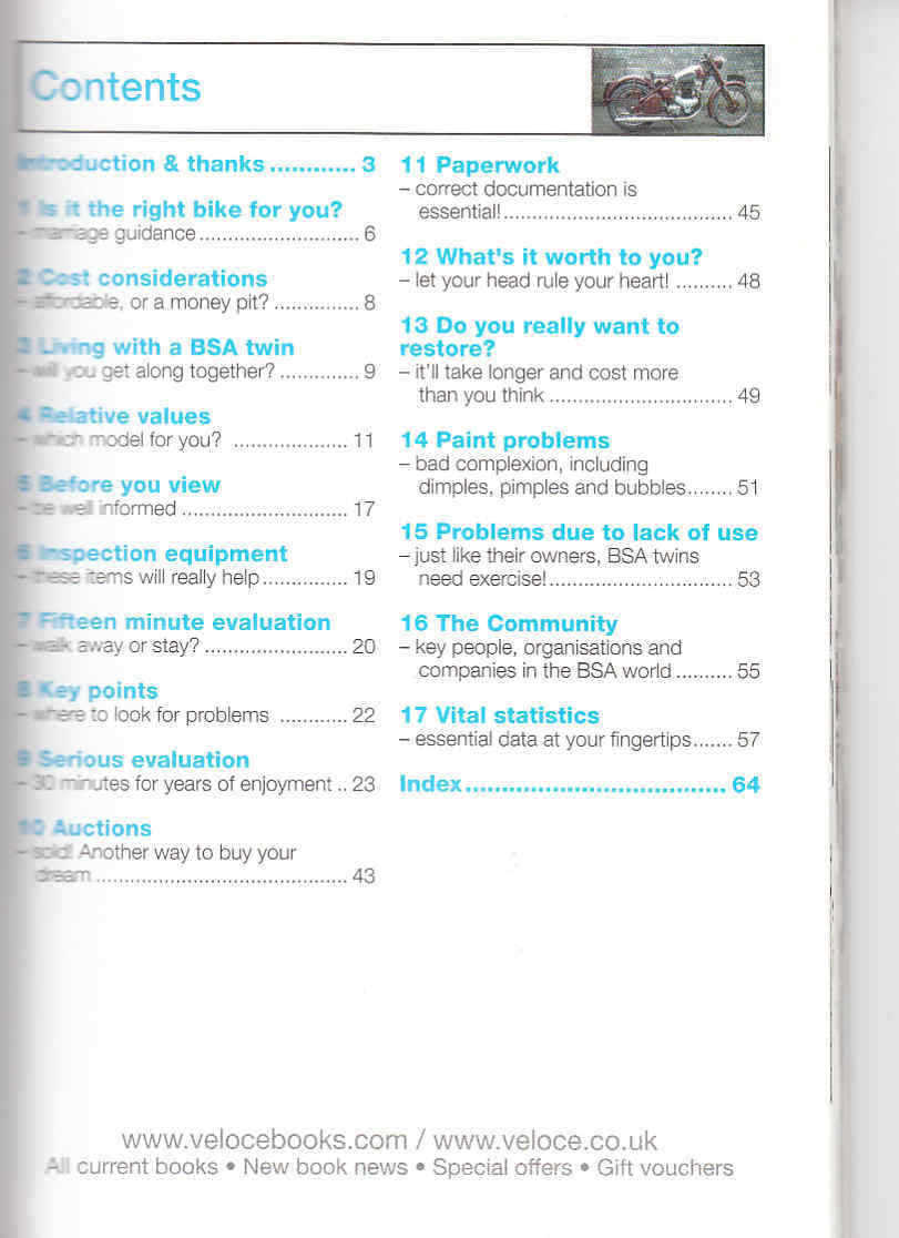 Motorcycle guide book contents page with section headings and page numbers