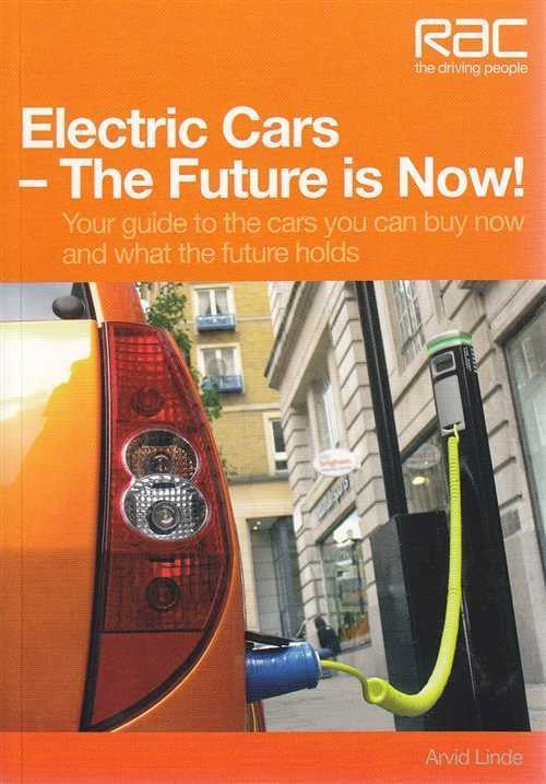 Electric cars guide book front cover with RAC logo, rear light, and charging cable