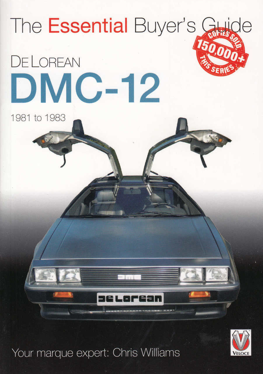 DeLorean DMC-12 buyer’s guide cover with car front photo, title text, and badge sticker