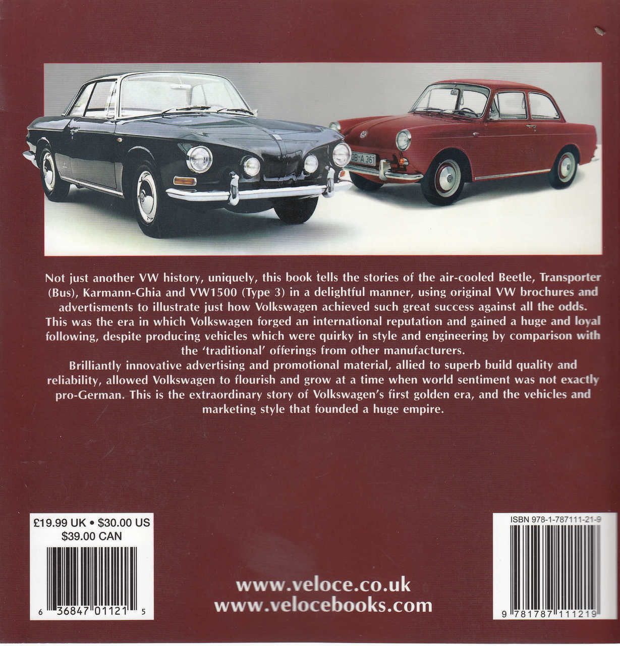 Paperback book back cover with two classic cars, text block, and barcode