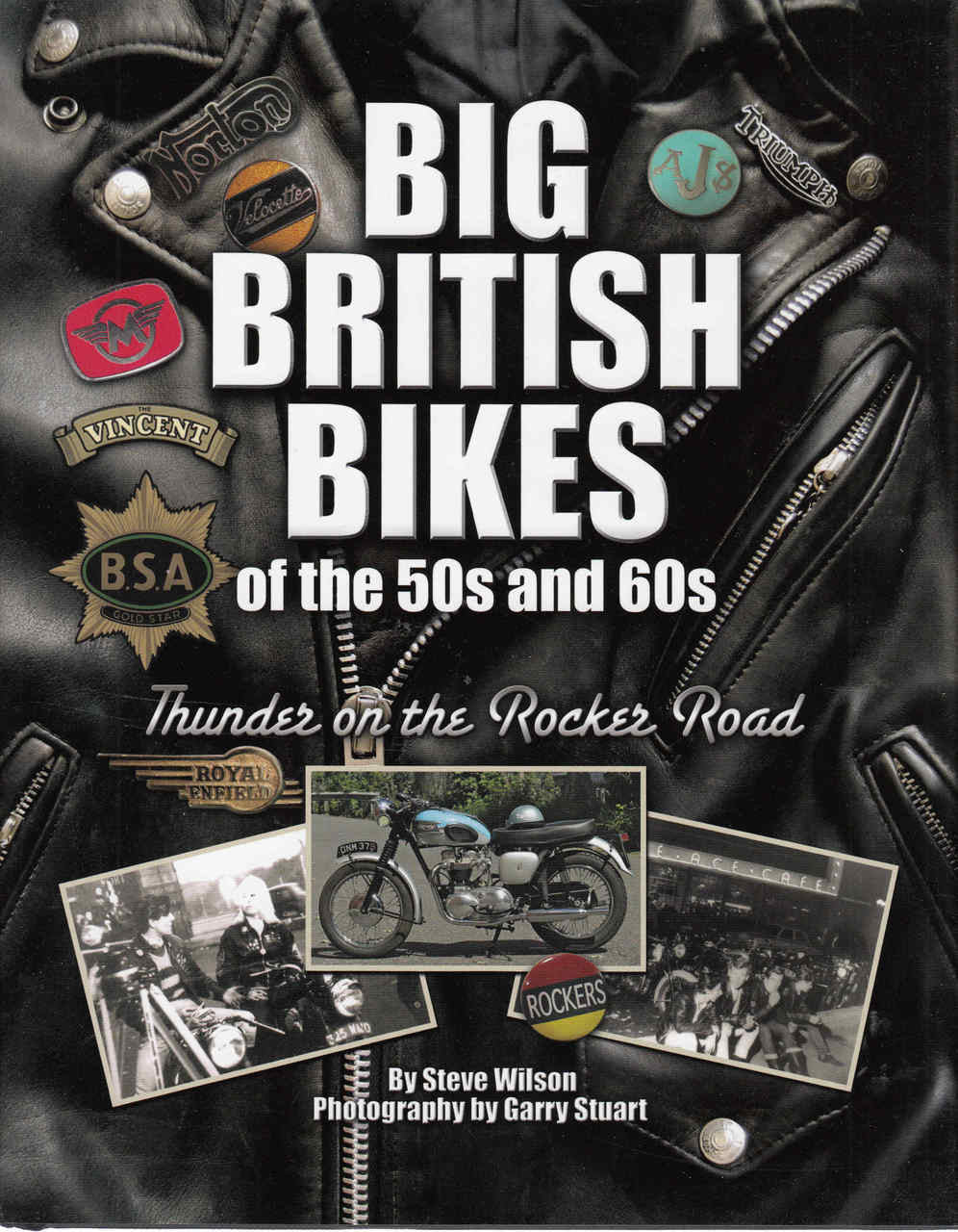 Motorcycle book cover with black leather background, badges, and large title text