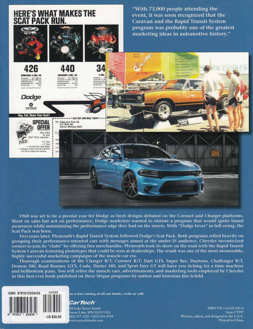 Vintage muscle car marketing program book page with blue sedan photo and ads