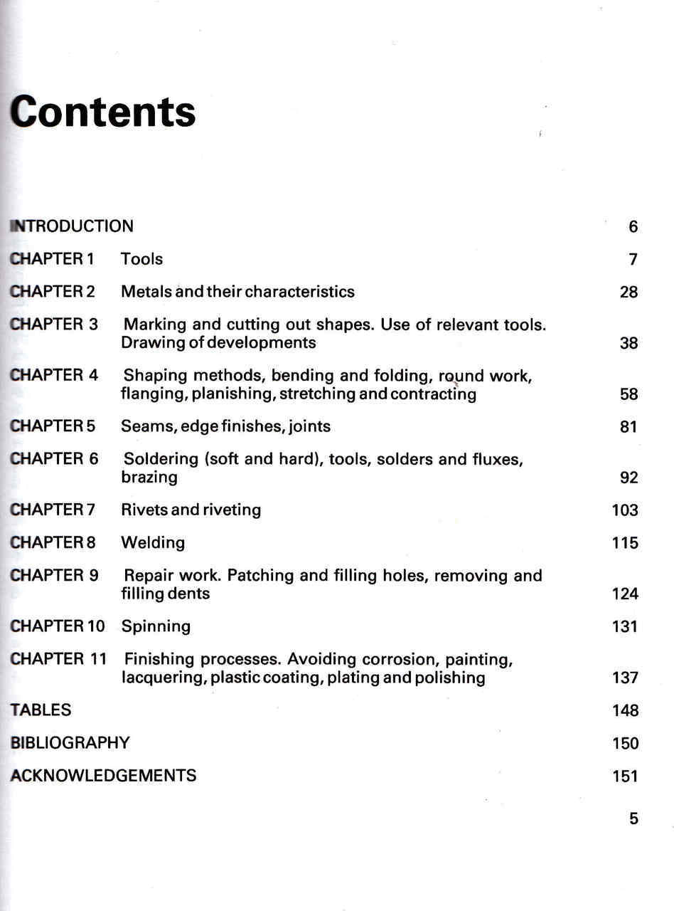 Sheet metal work workshop practice series book contents page with chapter list