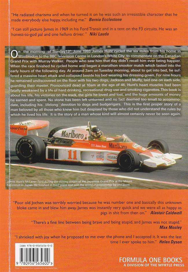 Motorsport hardback book back cover with F1 car photo and description text