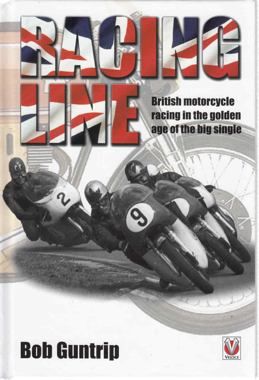 Motorcycle racing history book cover with black-and-white riders and bold red title
