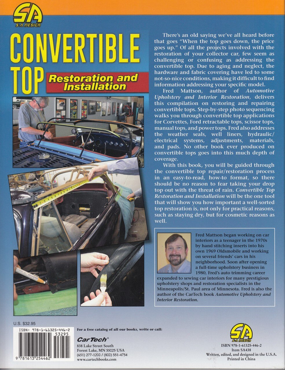 How-to book back cover with convertible top diagram and hands installing fabric.