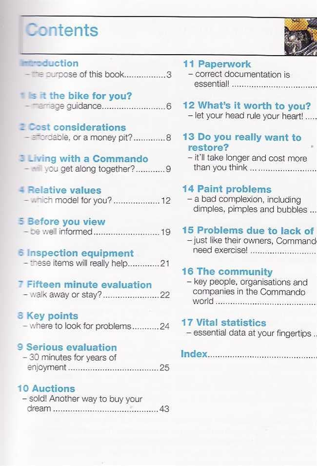 Motorcycle guide book contents page with numbered sections 11–17 and index header