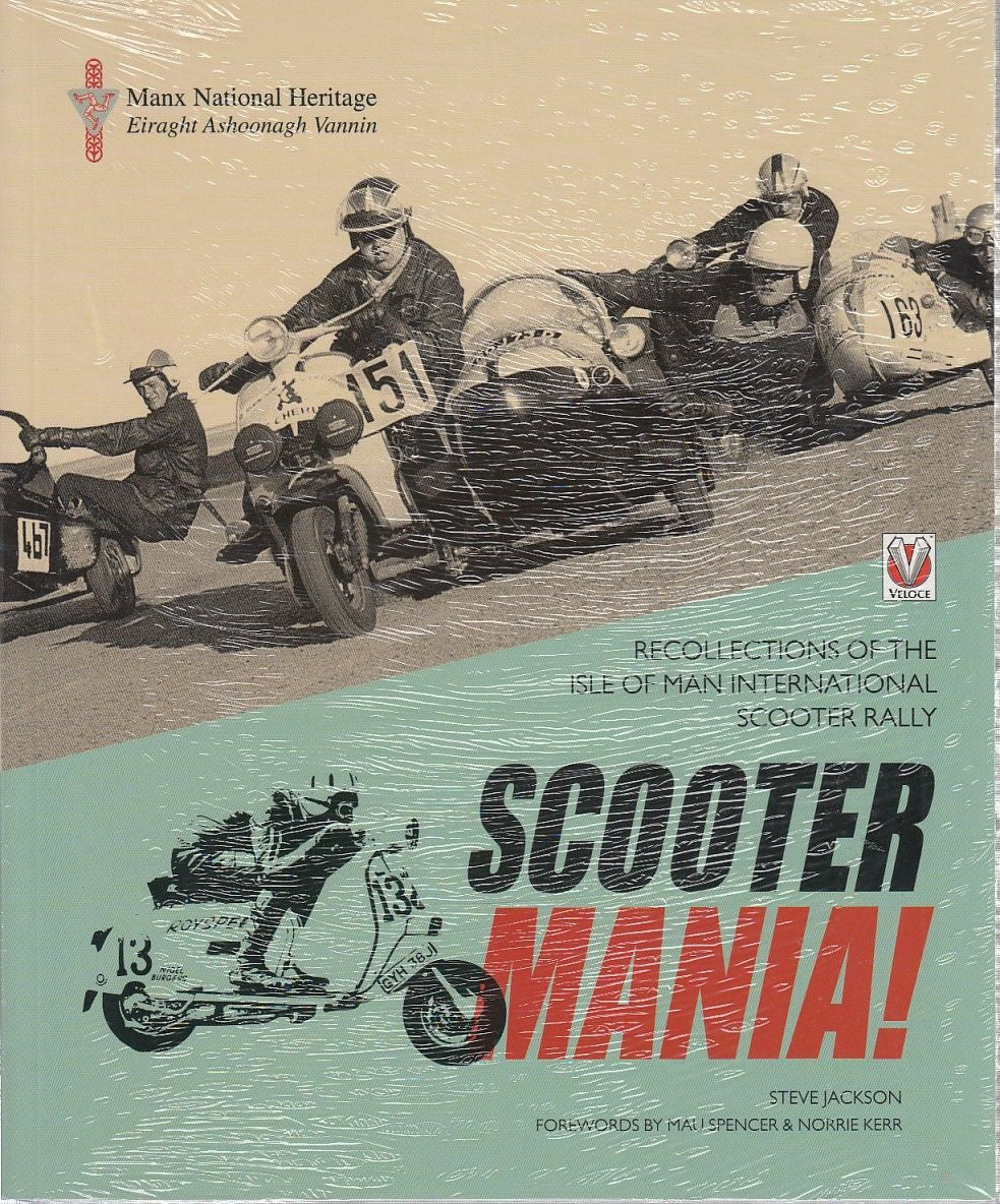 Scooter rally book cover with vintage scooters, helmeted riders, and Scooter Mania title