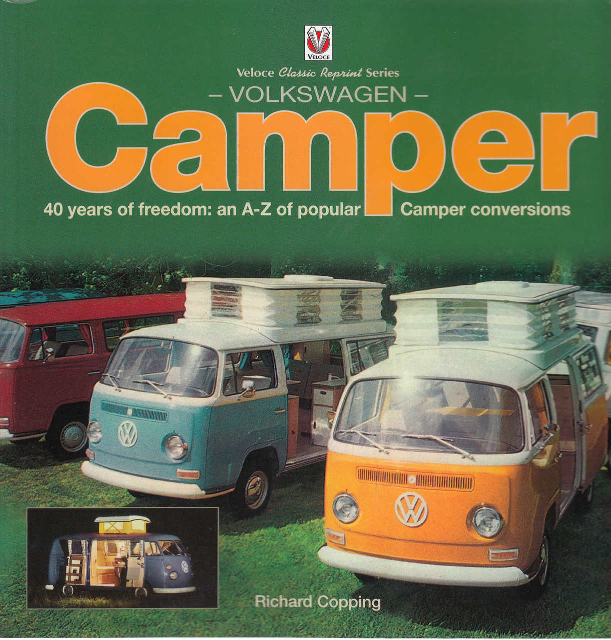 Paperback camper conversion book front cover with Volkswagen camper vehicles and title