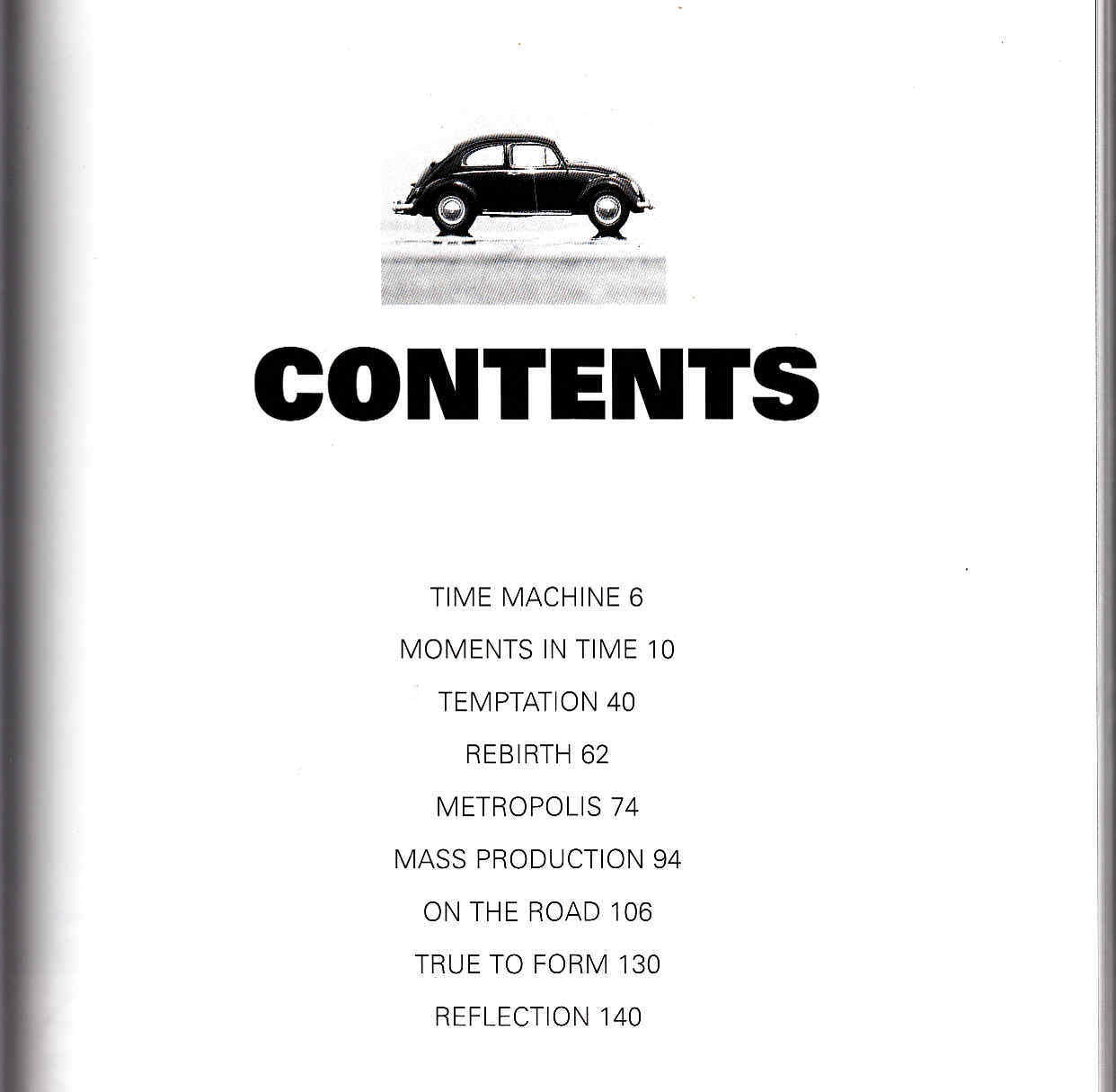 Volkswagen Beetle book contents page with small Beetle illustration