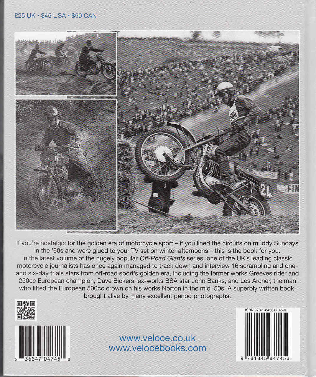 Motorcycle sport book back cover with rider photo collage, barcode, and pricing