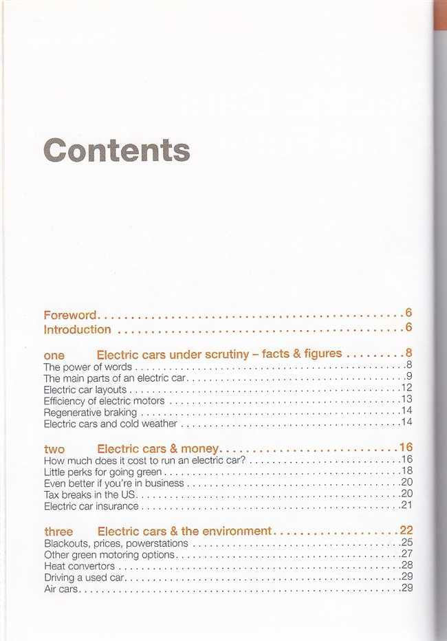 Electric cars guide book contents page with “Contents” heading and section list