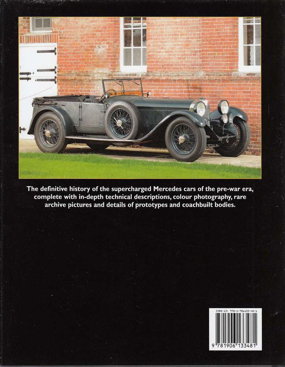 Hardcover book back cover with side-view classic car photo and barcode