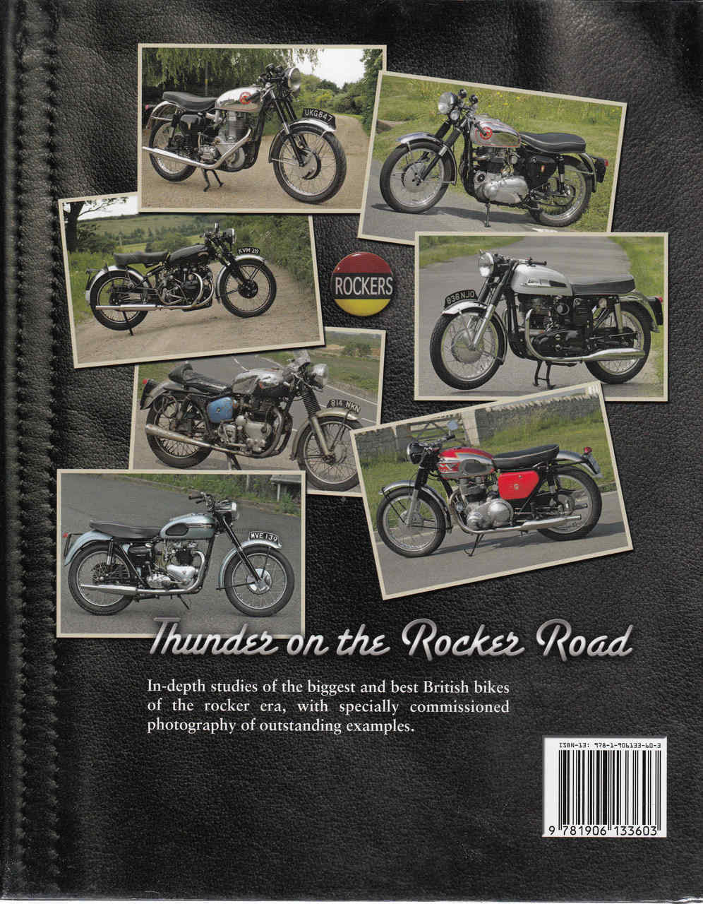 Motorcycle book back cover with classic bike photo collage and barcode