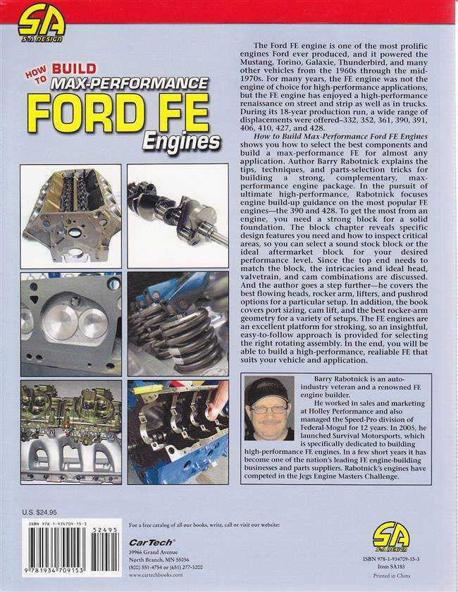Performance engine manual back cover with collage of engine parts