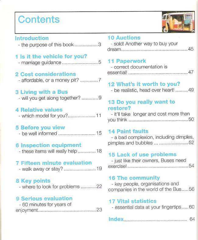 Volkswagen Bus buyer's guide contents page with numbered chapter headings