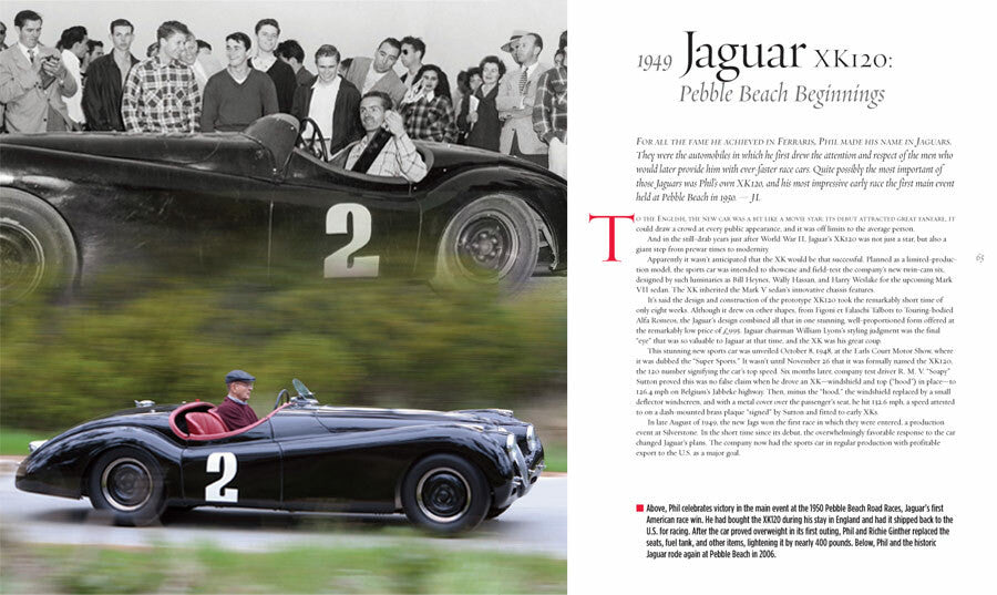 Automotive history book page with red race car on track and numbered vehicle detail