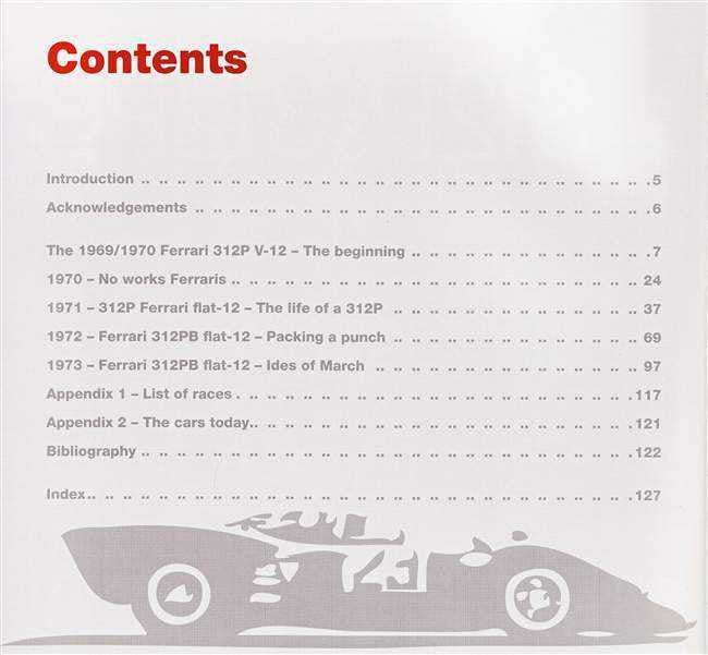 Book contents page with chapter list and a racing-car silhouette at bottom