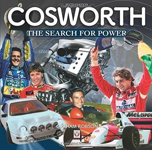 Motorsport book cover with Cosworth branding and race car engine illustration