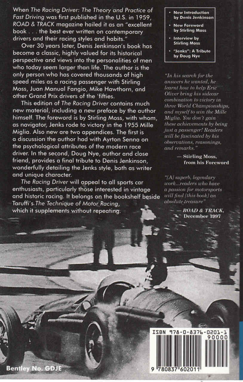 Back cover of racing driving book with text, race car photo, and barcode.