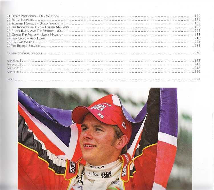 Motorsport book page with dense text and a photo of a race driver