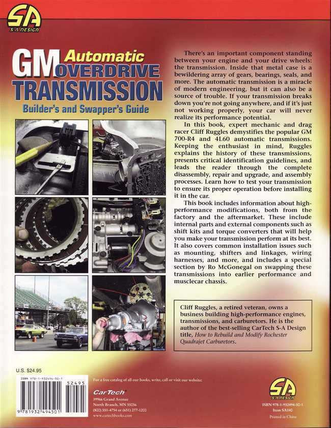Transmission repair guide book back cover with text blocks and transmission photos