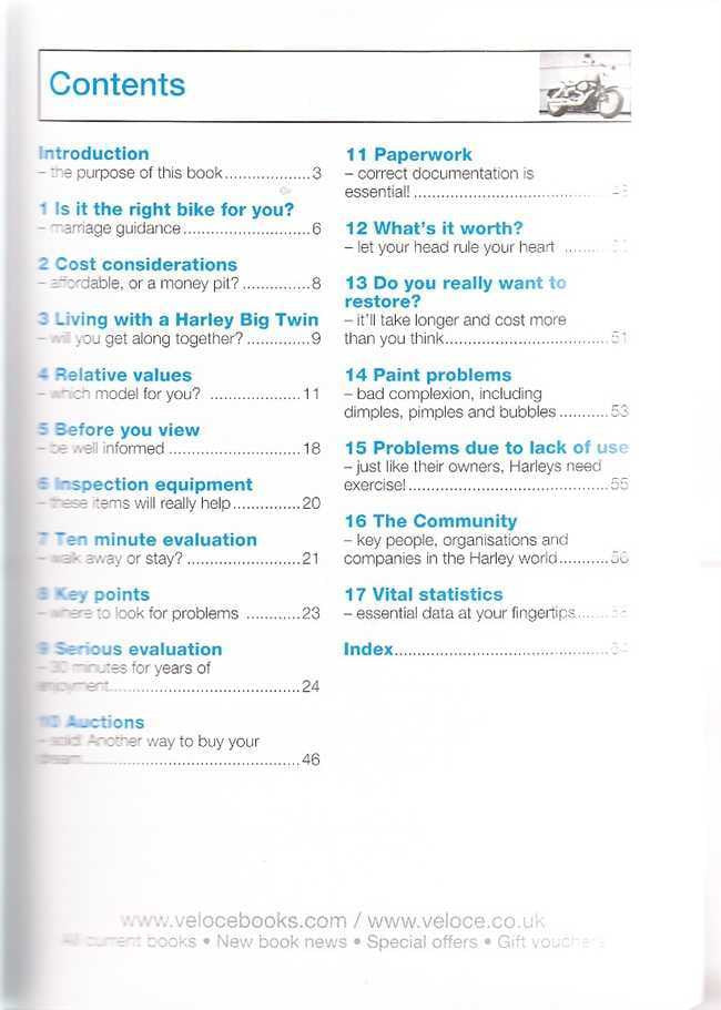 Motorcycle buyer's guide contents page with sections and index listings