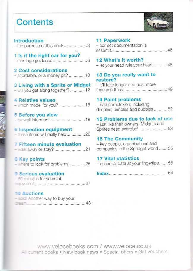 Contents page of Automotive buyer's guide for MG Midget & Austin-Healey Sprite
