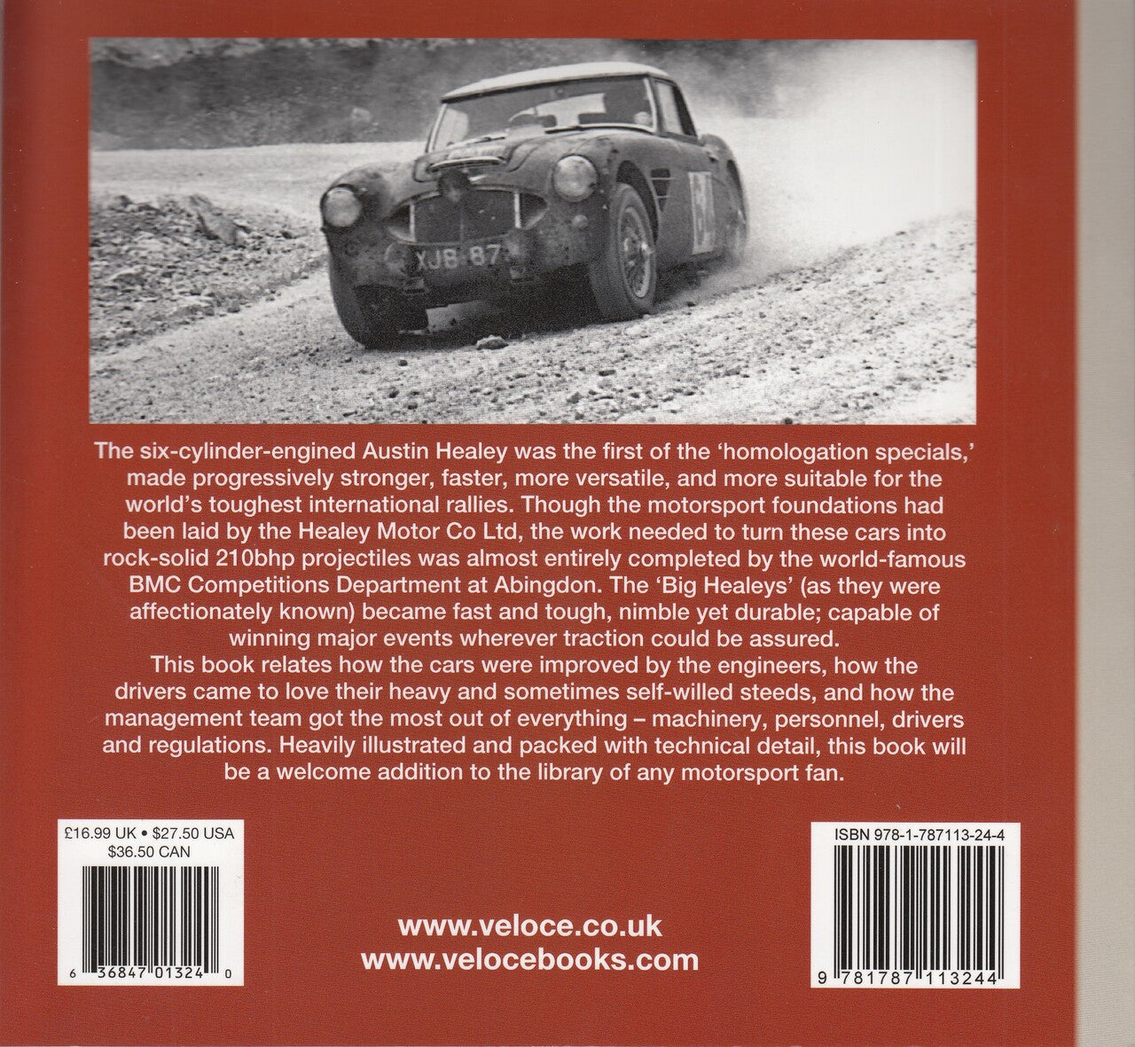 Austin Healey reprint book back cover with black-and-white car photo and summary text