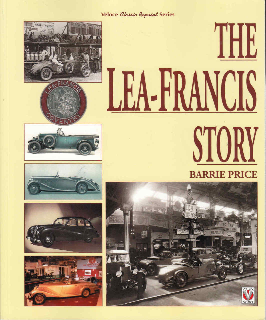 Book cover with Lea-Francis title, Barrie Price author name and car photos collage