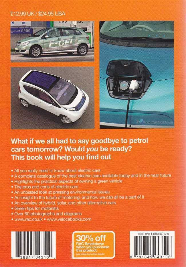 Electric cars guide book, orange back cover with car photos and barcode