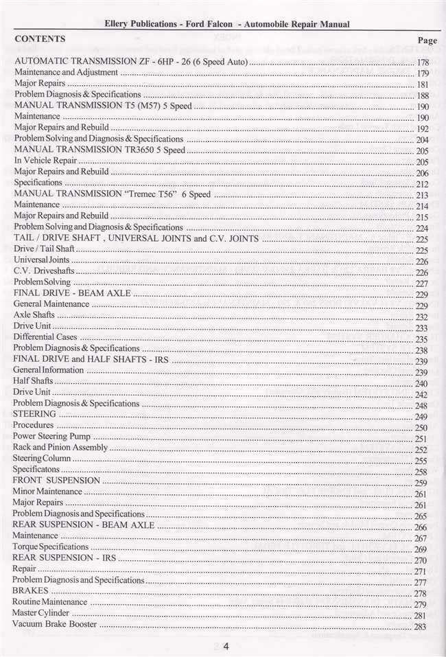 Vehicle repair manual contents page listing transmission, drivetrain, steering topics