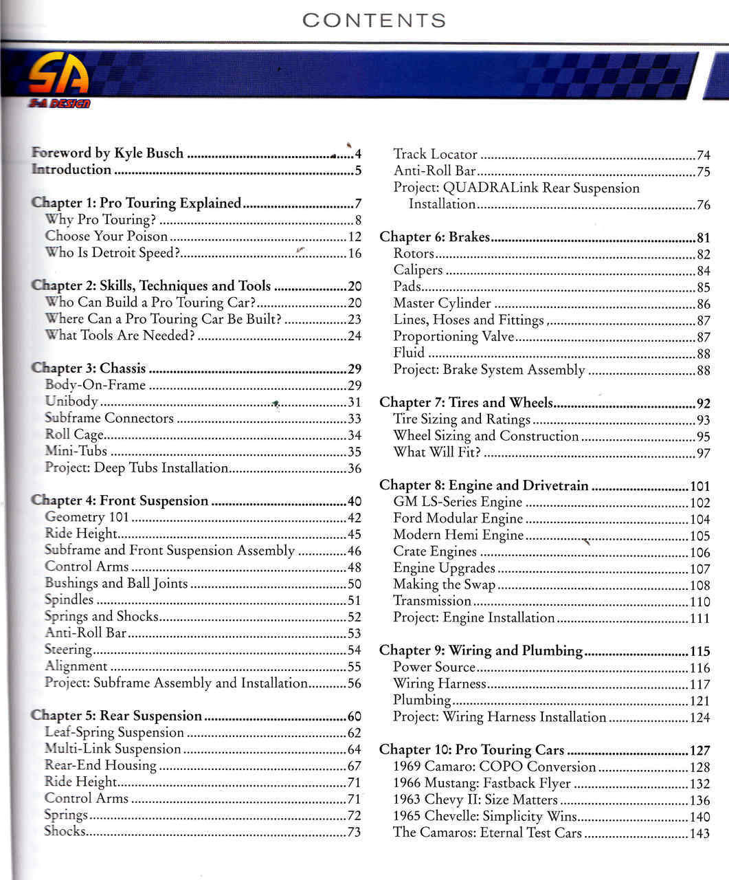Automotive how-to book table of contents page with section list