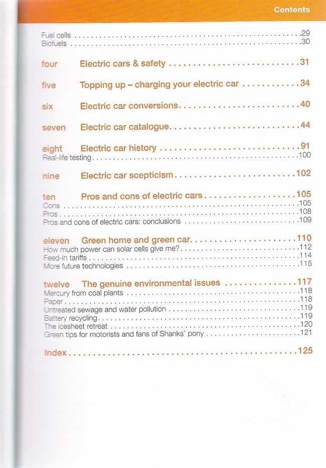 Electric cars guide book contents list page with headings and page numbers
