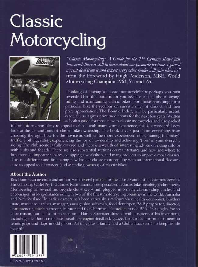 Motorcycling guide book back cover with author bio and descriptive text block
