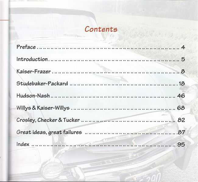 Automotive history book contents page with section list and cars illustration