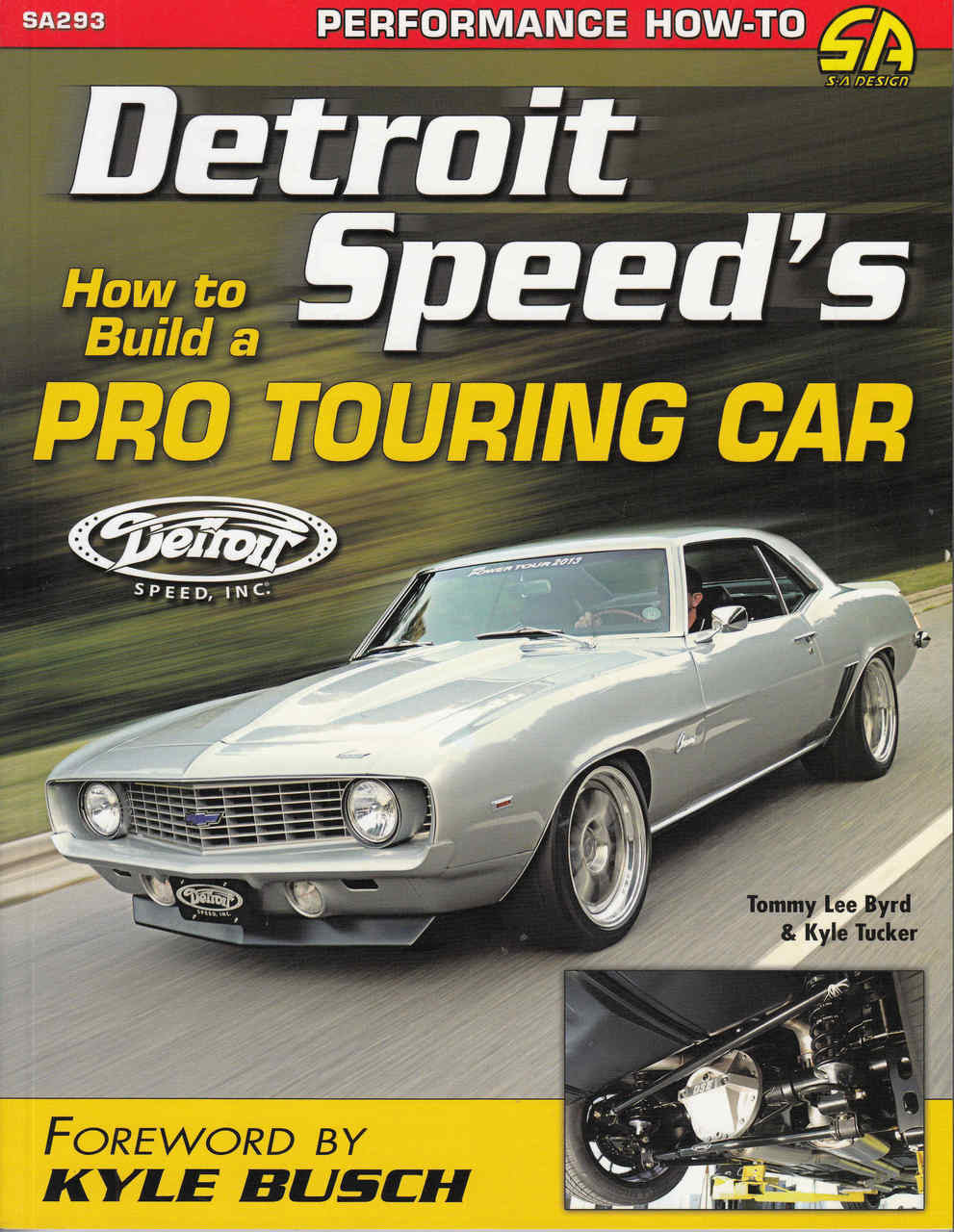 Pro touring car build guide book cover with white muscle car and engine inset
