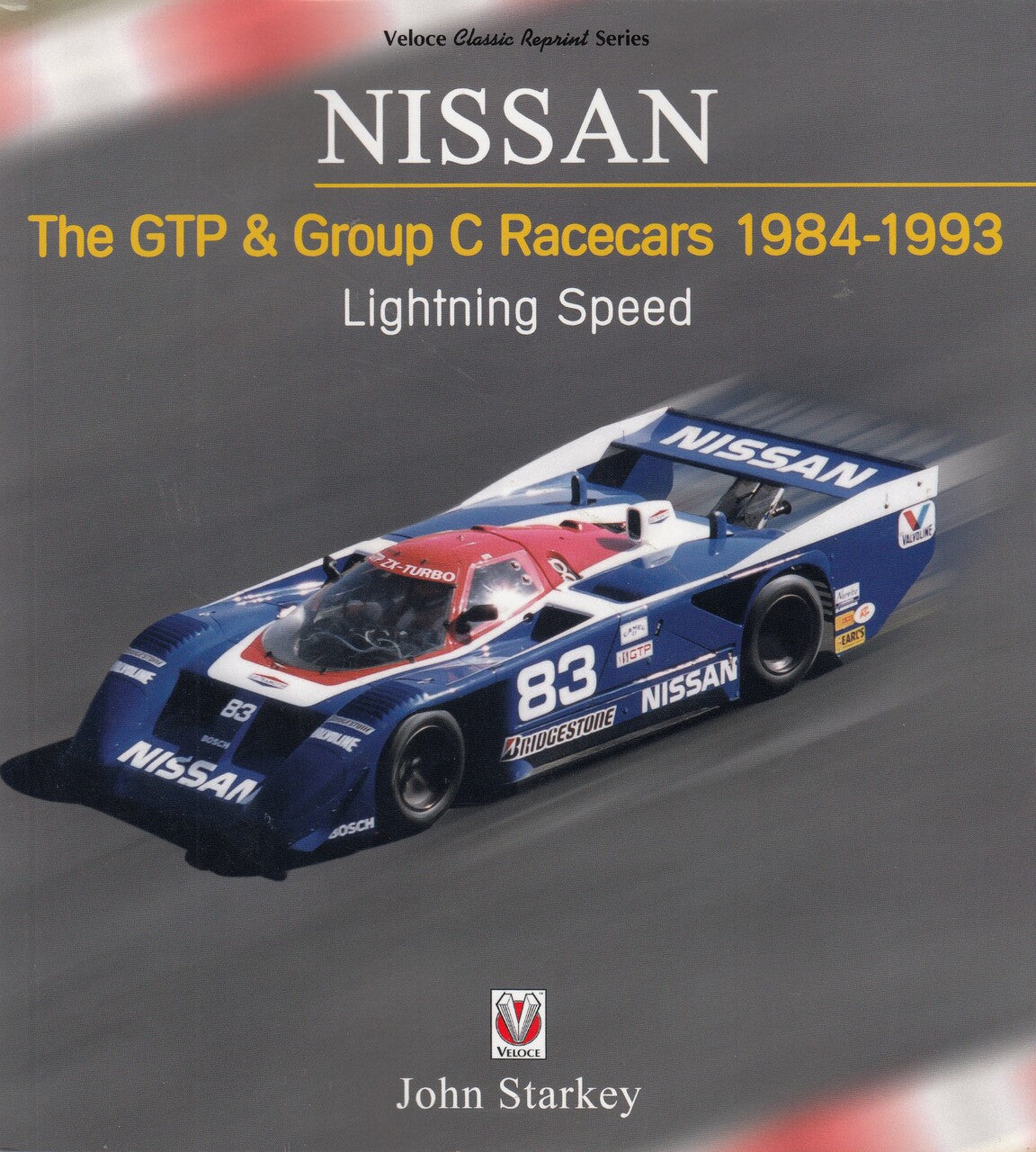 Motorsport paperback cover with blue/red Nissan Group C racecar and title text